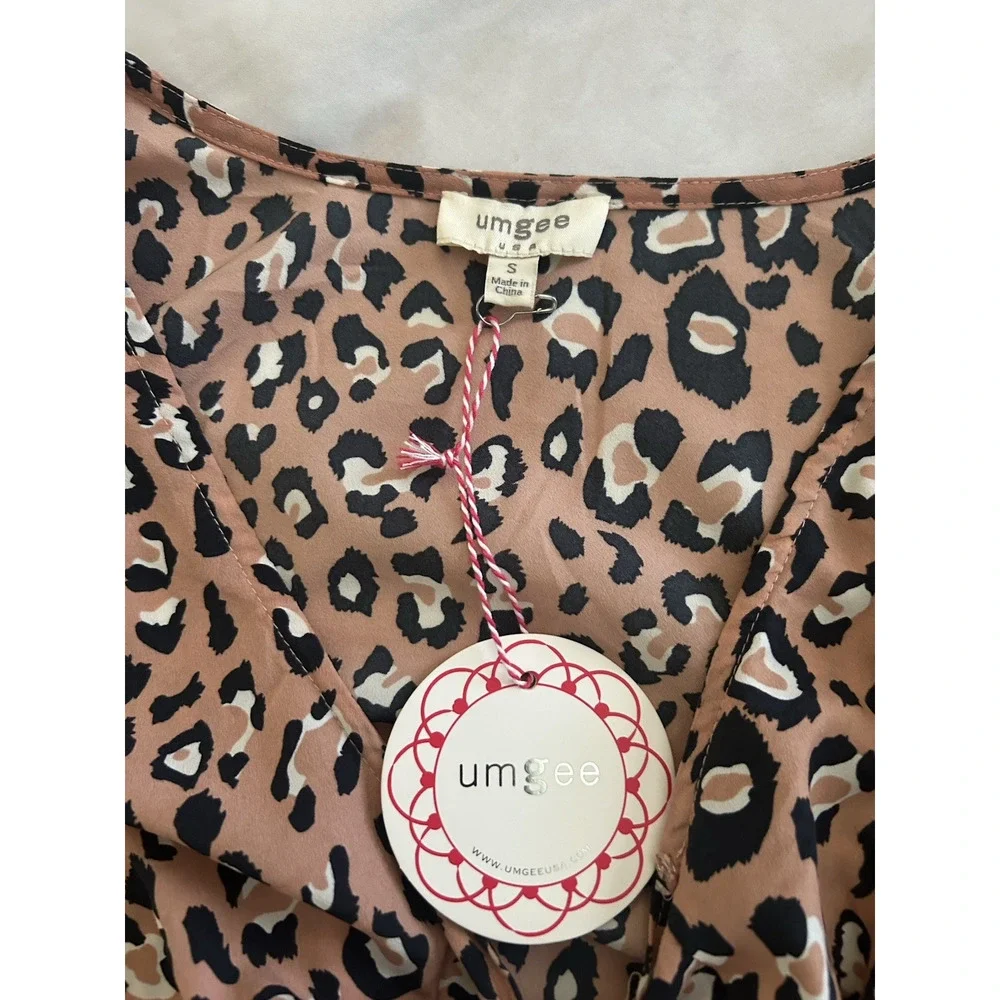 Umgee Animal Print Tie Front Hi Low Midi Dress Womens Size Small Brown NWT